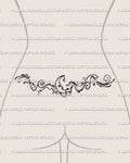 Crescent moon lower back tattoo shown on womens waist placement, with a moon face, soft framing, and a wide spread.