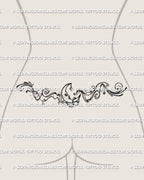 Crescent moon lower back tattoo shown on womens waist placement, with a moon face, soft framing, and a wide spread.