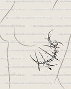 Crescent moon cybersigilism tattoo design displayed on woman’s side ribs, digital stencil showing natural body flow placement. 