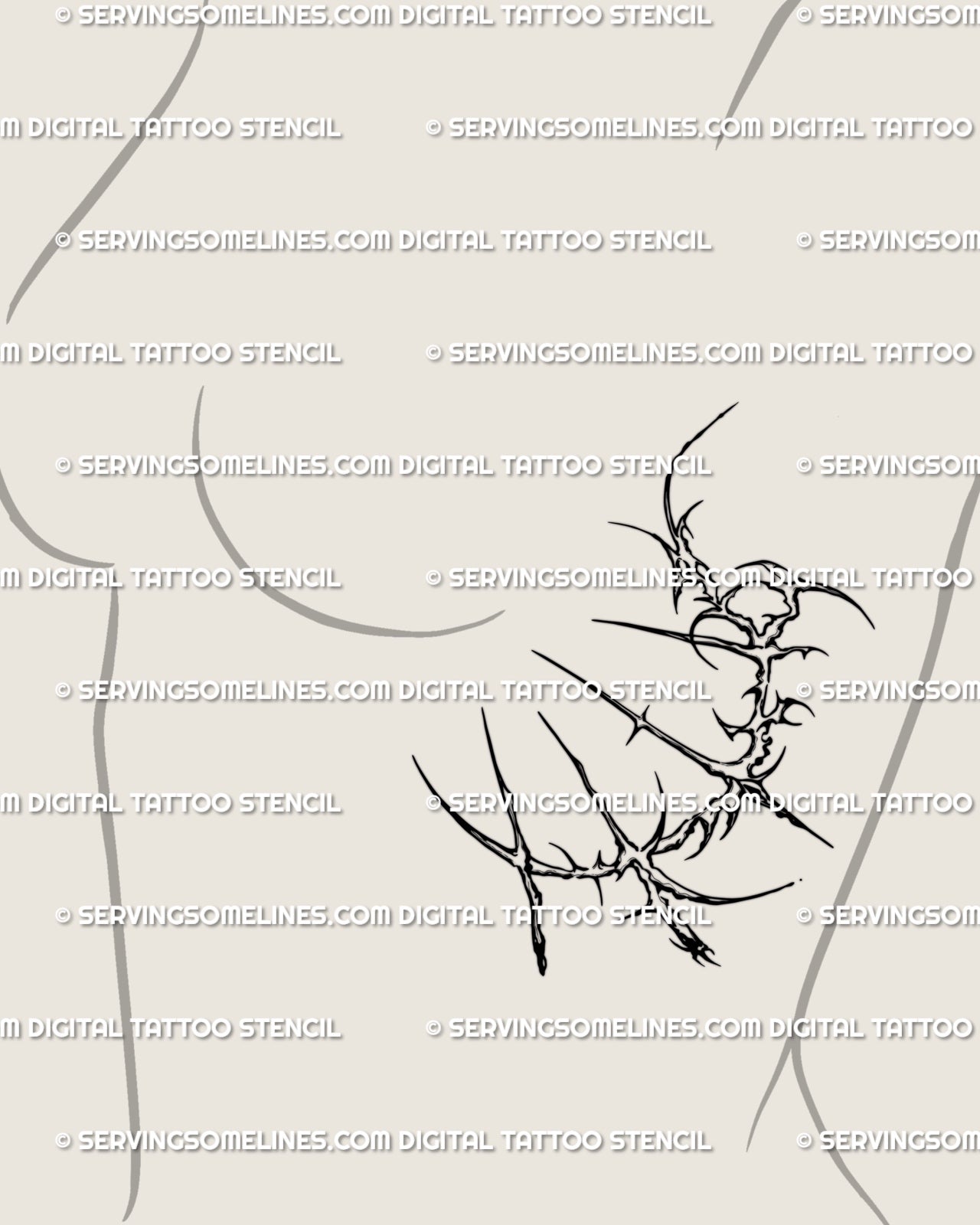 Crescent moon cybersigilism tattoo design displayed on woman’s side ribs, digital stencil showing natural body flow placement. 