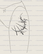 Crescent cybersigilism moon tattoo displayed on feminine thigh, spiky lunar arcs shaped as cybercore celestial tattoo art.