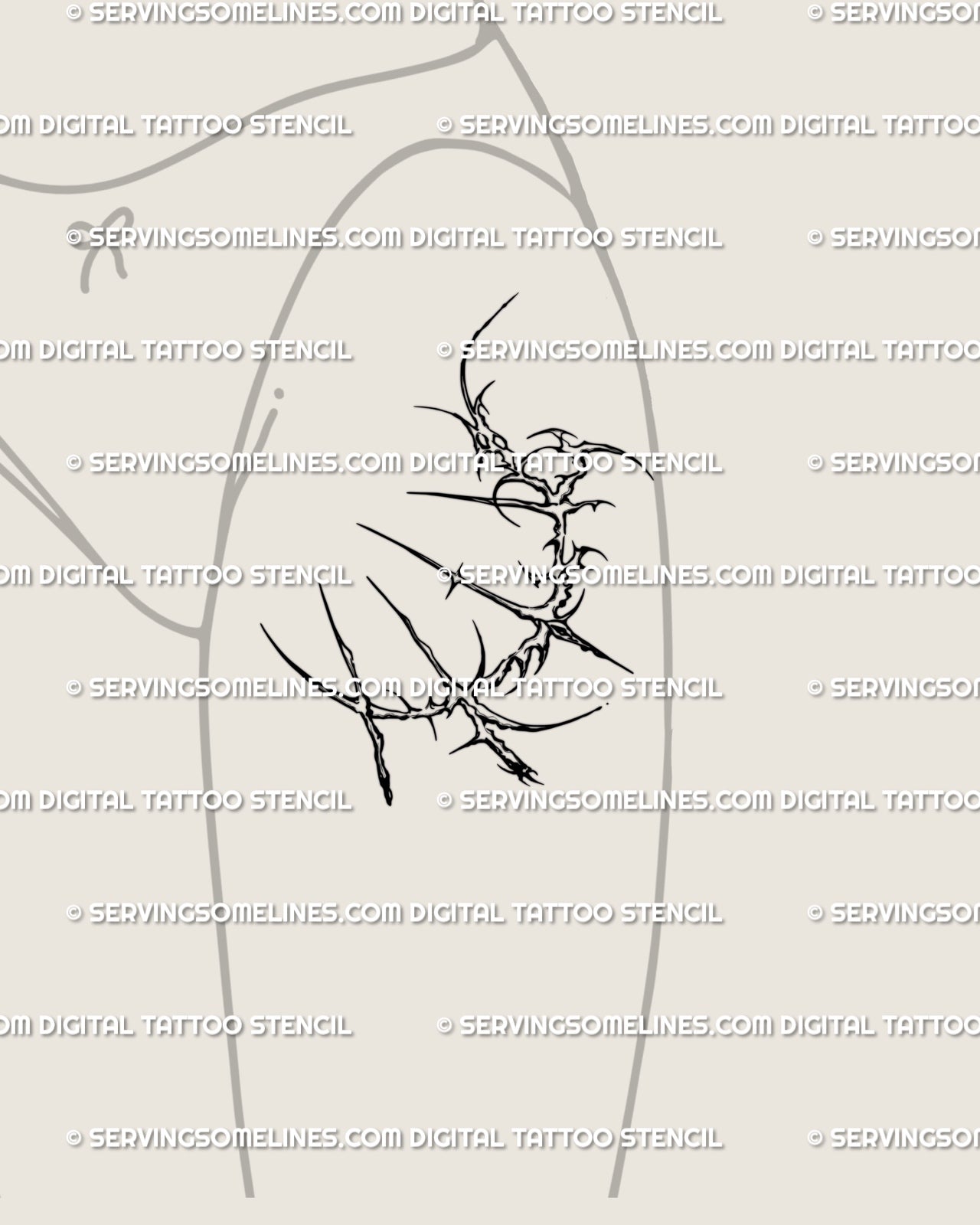 Crescent cybersigilism moon tattoo displayed on feminine thigh, spiky lunar arcs shaped as cybercore celestial tattoo art.