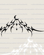 Crescent moon underbust tattoo stencil design with neotribal spikes and cyber curves, drawn for clean digital stencil use.