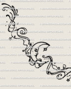 Main design view of a crescent moon waist tattoo stencil, with a centered moon face and balanced decorative framing.
