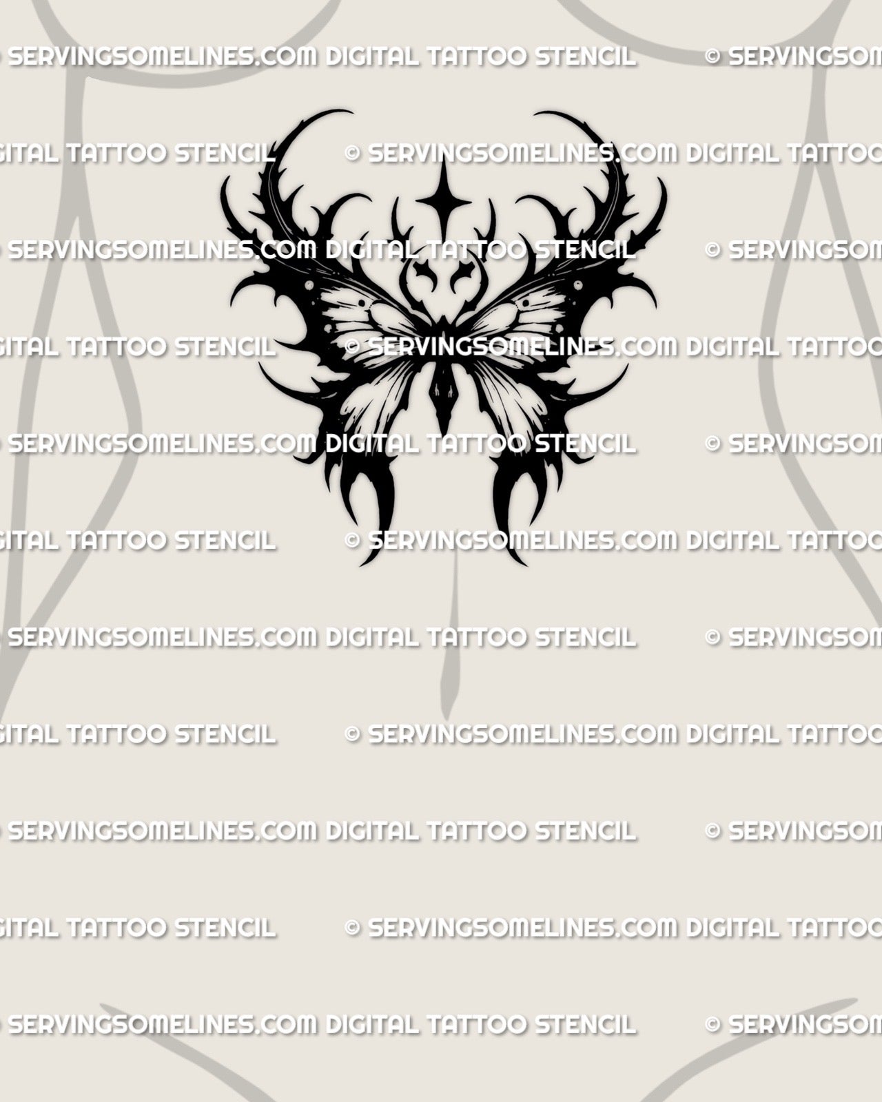 Dark winged moth tattoo stencil displayed on women’s stomach center placement, showing vertical balance and clean stencil-ready linework.