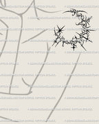 Crescent moon tattoo stencil placed on female shoulder, gothic lunar tattoo design with ornamental spiky lines and stars.