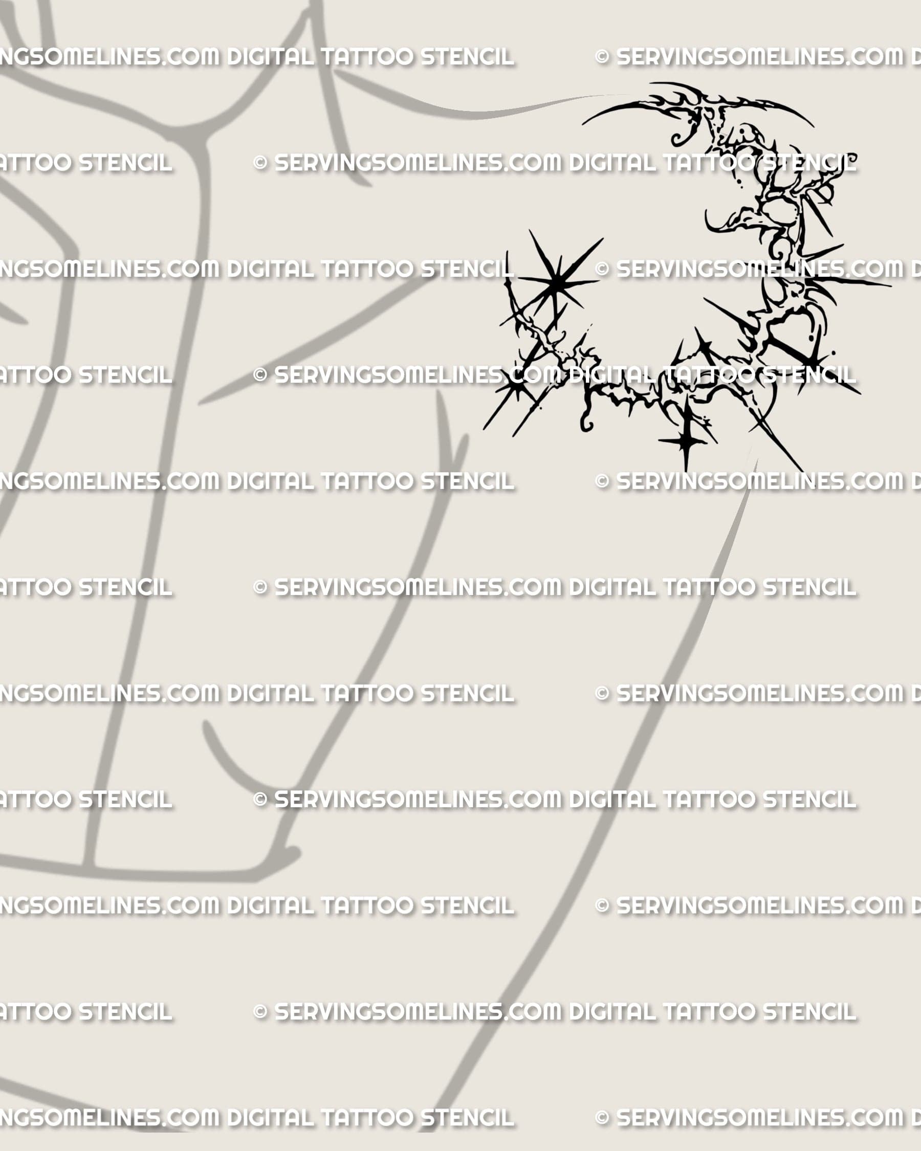 Crescent moon tattoo stencil placed on female shoulder, gothic lunar tattoo design with ornamental spiky lines and stars.