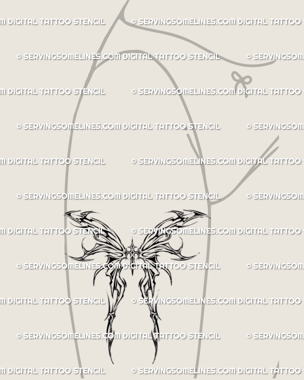 Cybersigilism cross and wings tattoo displayed on front thigh, fairycore flame wings design for spiritual and gothic look. 