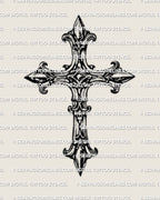 Detailed cross fleury tattoo stencil featuring fleur tips and a diamond center, shaded for a crisp printable finish