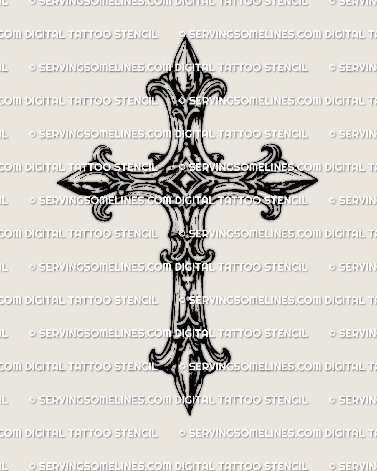 Detailed cross fleury tattoo stencil featuring fleur tips and a diamond center, shaded for a crisp printable finish
