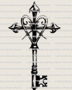 Cross key tattoo stencil with heart shaped center loop, pointed cross top, and clean vertical key body, isolated gothic symbol.