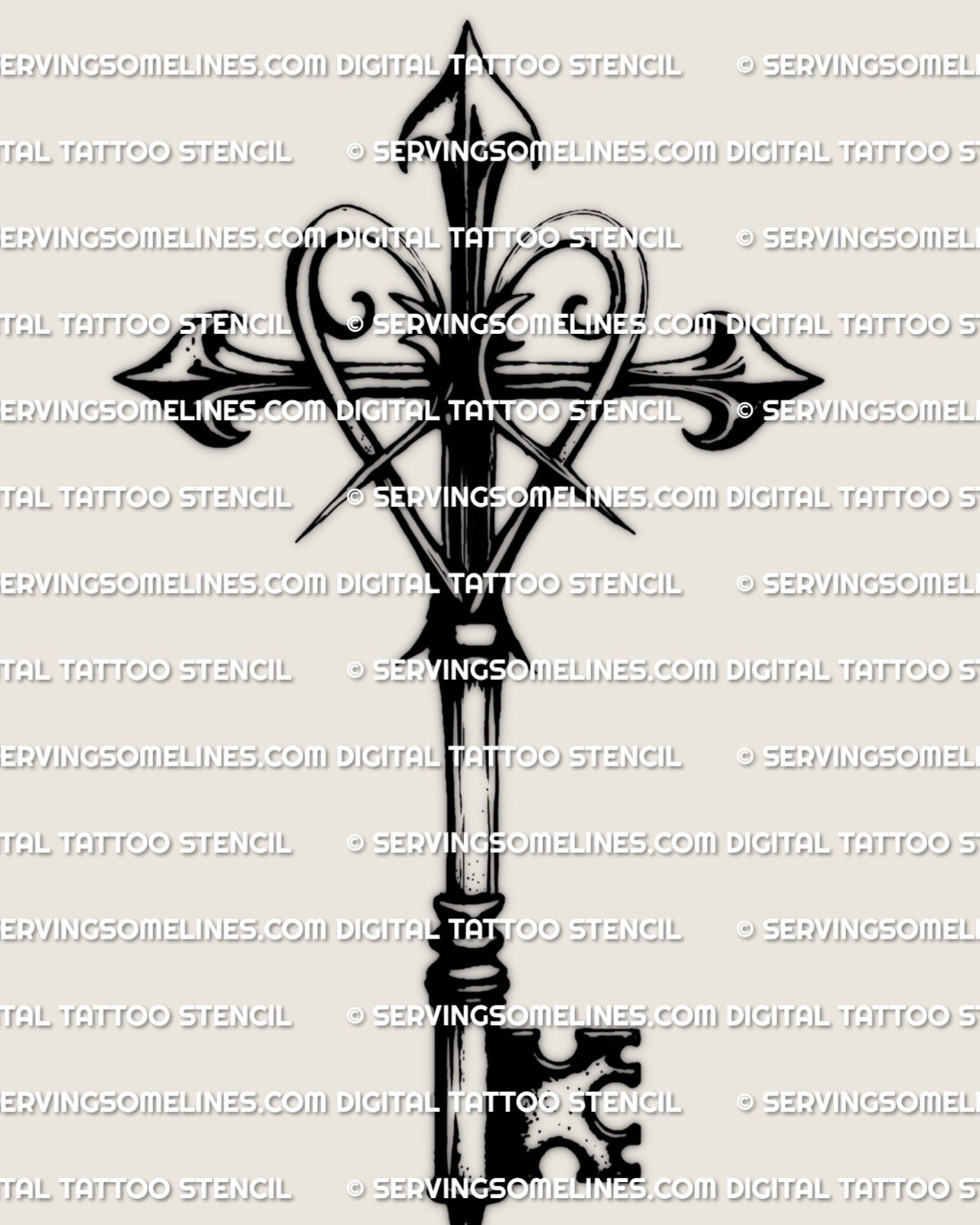 Cross key tattoo stencil with heart shaped center loop, pointed cross top, and clean vertical key body, isolated gothic symbol.