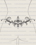 Cross lower back tattoo shown on womens waist placement, with a centered cross, scrollwork framing, and star details.