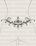 Cross lower back tattoo shown on womens waist placement, with a centered cross, scrollwork framing, and star details.
