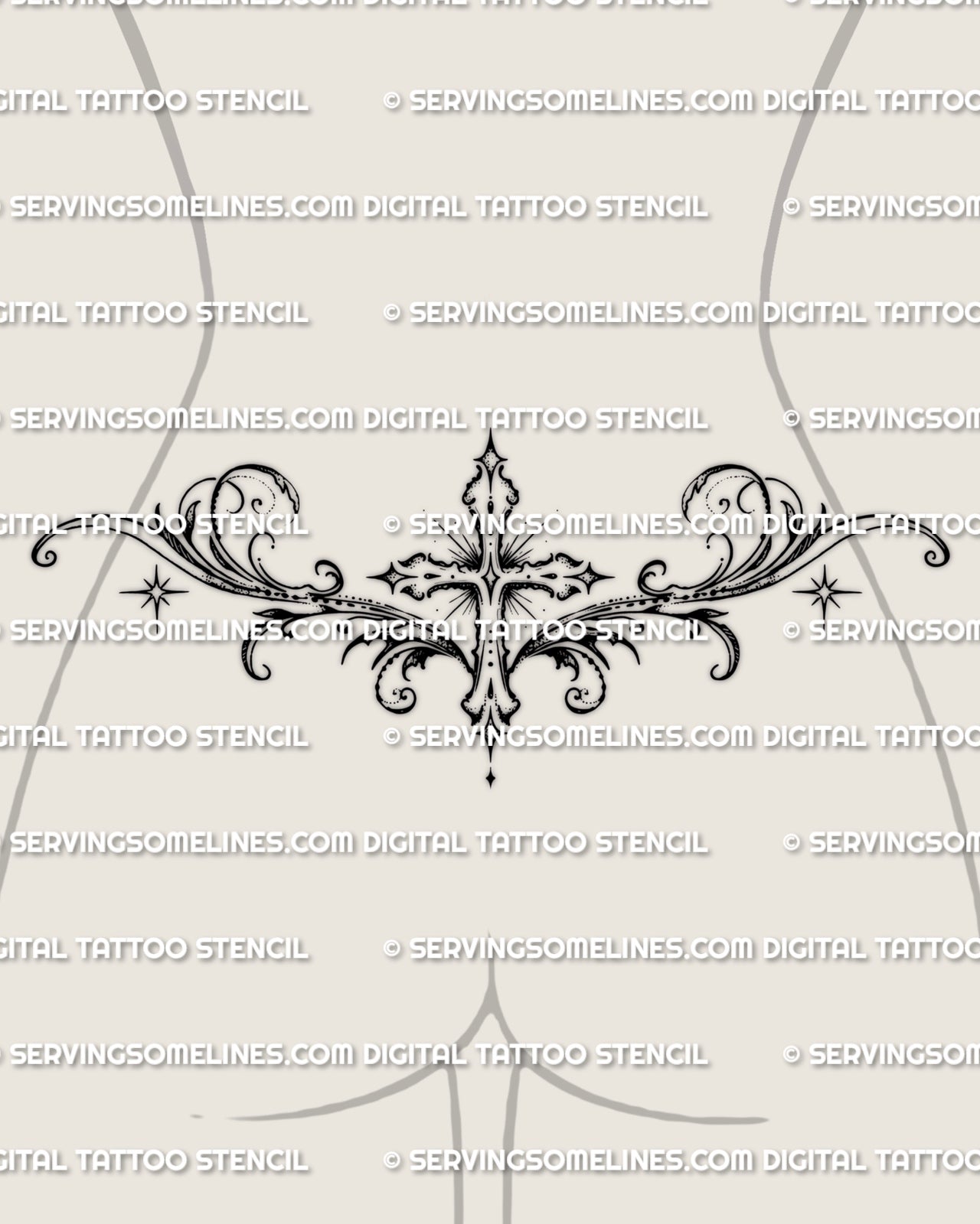Cross lower back tattoo shown on womens waist placement, with a centered cross, scrollwork framing, and star details.