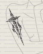 Cross sword tattoo design shown on upper arm placement, vertical blade spine with flared cross arms, bold blade stencil for transfer.