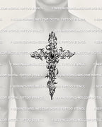 Cross tattoo stencil shown on male chest placement, ornamental gemstone cross digital tattoo design