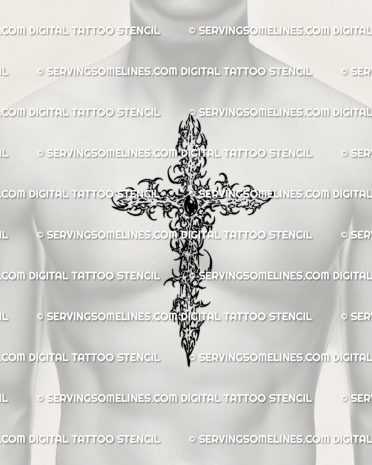 Cross tattoo stencil shown on male chest placement, ornamental gemstone cross digital tattoo design