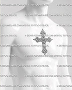 Cross tattoo stencil shown on men's chest center sternum, with Celtic knotwork, bold outline, and high contrast placement.