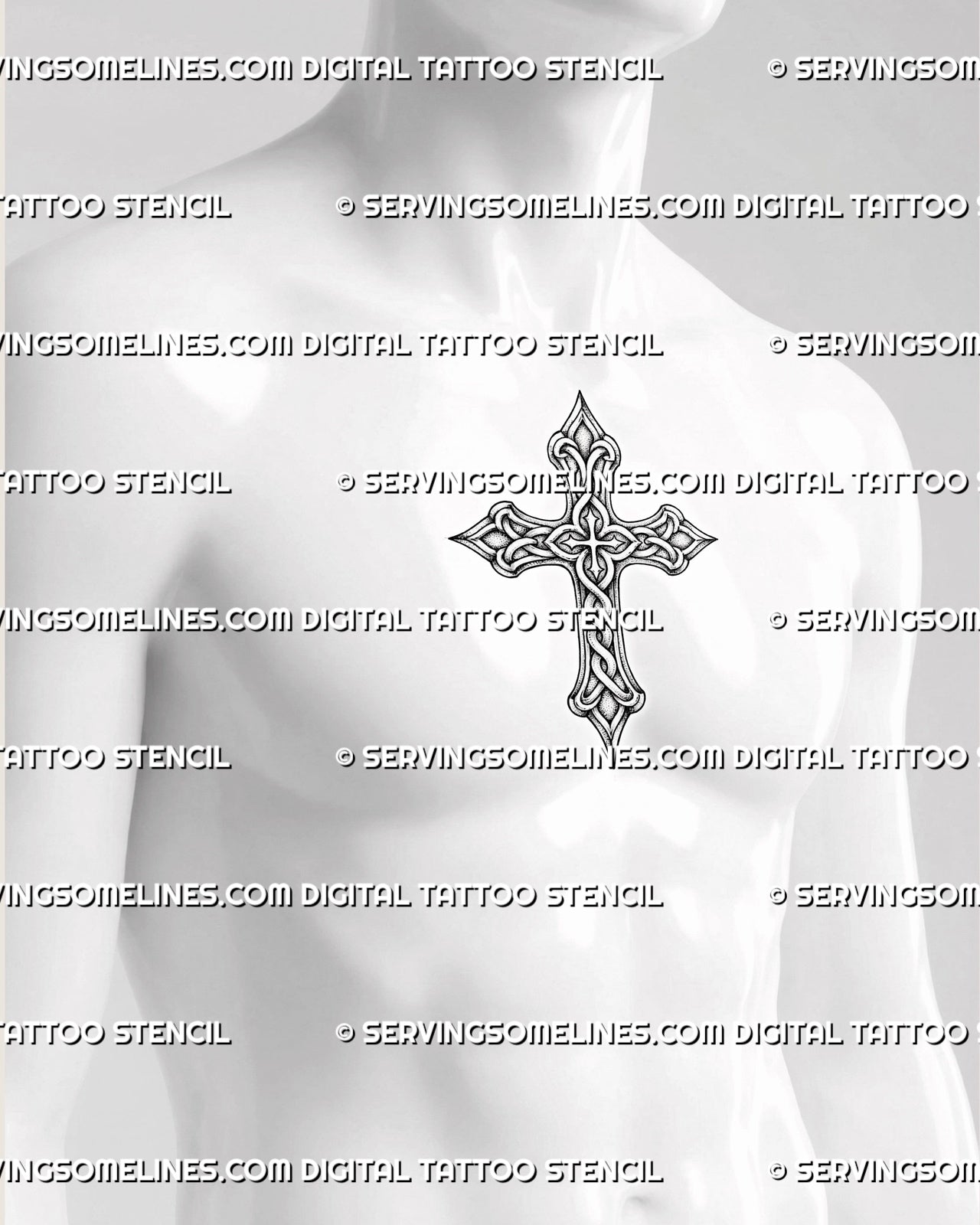 Cross tattoo stencil shown on men's chest center sternum, with Celtic knotwork, bold outline, and high contrast placement.