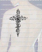Cross tattoo stencil shown on male shoulder placement example, ornamental gemstone cross design