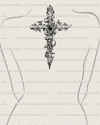 Cross tattoo stencil shown on upper back placement, ornamental gemstone cross with cyber linework