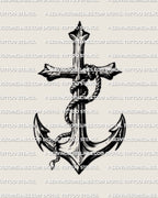 Cross with anchor tattoo design featuring heavy rope detail and balanced cross silhouette, nautical blackwork stencil artwork.