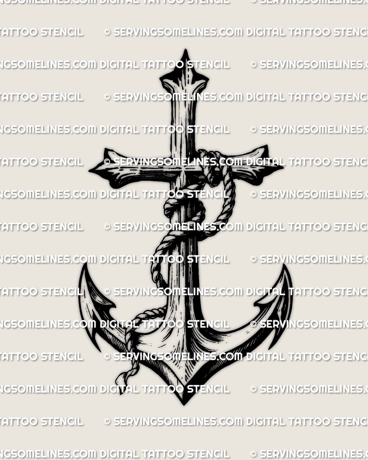 Cross with anchor tattoo design featuring heavy rope detail and balanced cross silhouette, nautical blackwork stencil artwork.