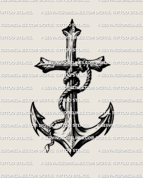 Cross with anchor tattoo design featuring heavy rope detail and balanced cross silhouette, nautical blackwork stencil artwork.