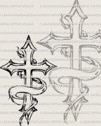 Cross with ribbon tattoo design, minimal gothic memorial ribbon wrapped around sharp cross tips, ready for stencil transfer.