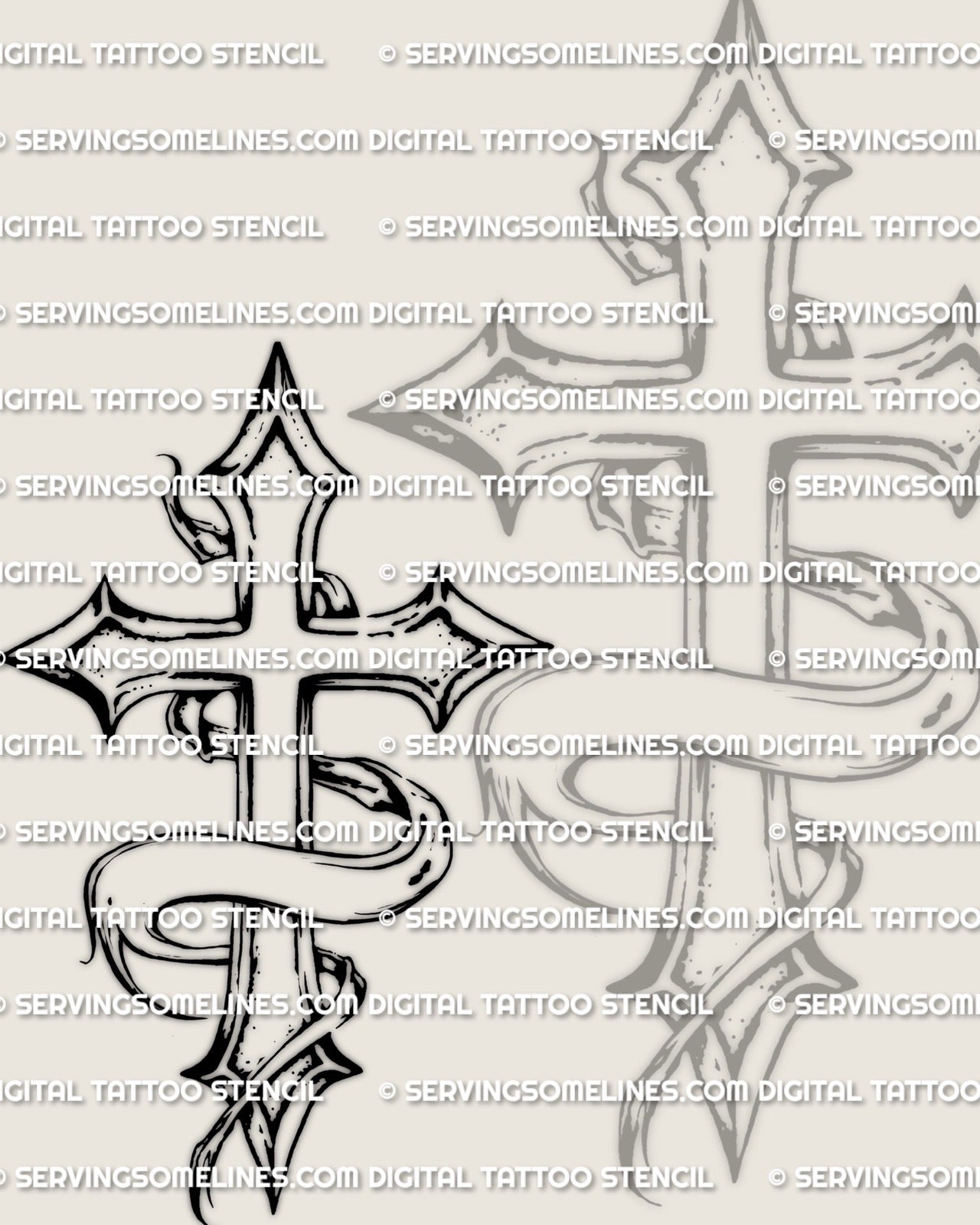 Cross with ribbon tattoo design, minimal gothic memorial ribbon wrapped around sharp cross tips, ready for stencil transfer.