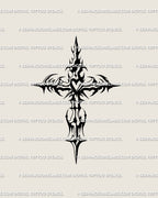 Gothic cyber cross tattoo stencil with heart center, ornamental blackwork design in cybertribal style.