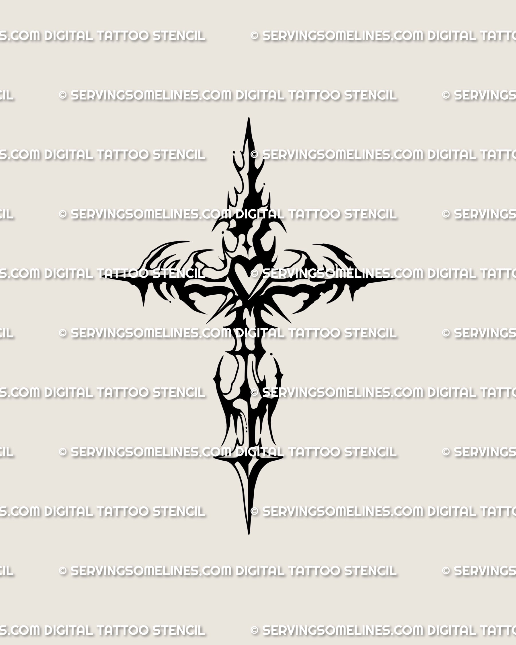 Gothic cyber cross tattoo stencil with heart center, ornamental blackwork design in cybertribal style.