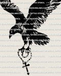 Crow cross tattoo stencil, flying crow with wings spread, carrying a small cross, high contrast blackwork design for stencil transfer.