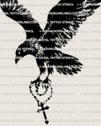 Crow cross tattoo stencil, flying crow with wings spread, carrying a small cross, high contrast blackwork design for stencil transfer.