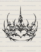 Heart shaped crown stencil, spiked crown outline framing a bold heart centerpiece, printable tattoo file download.