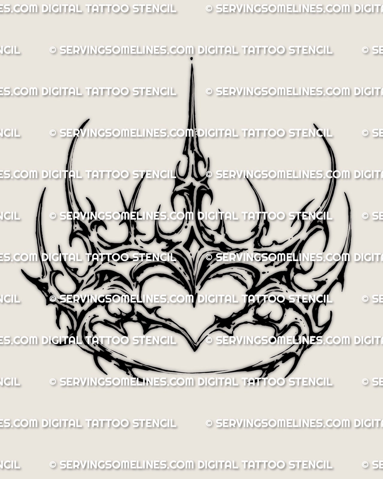 Heart shaped crown stencil, spiked crown outline framing a bold heart centerpiece, printable tattoo file download.