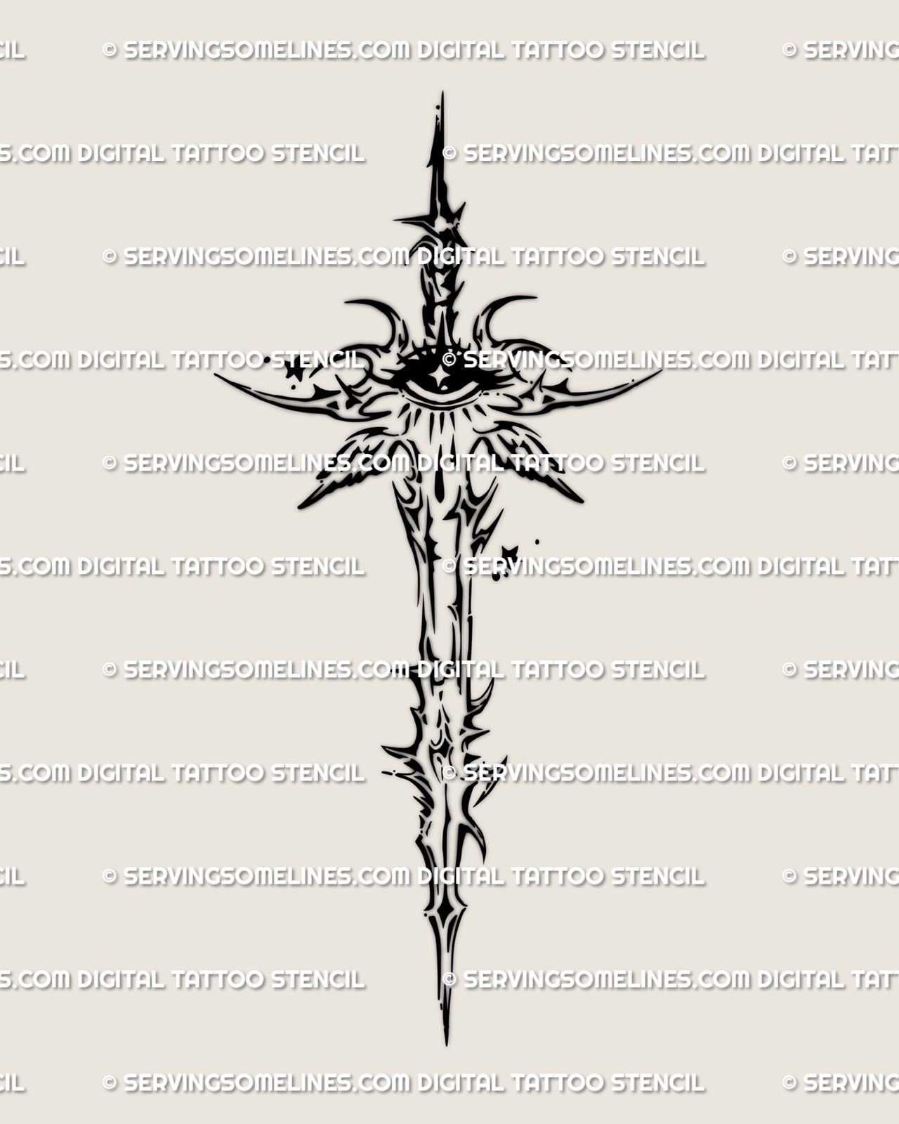 Crying eye sword tattoo stencil in cyber tribal style, detailed angel wings and celestial thorns drawn as digital linework design.