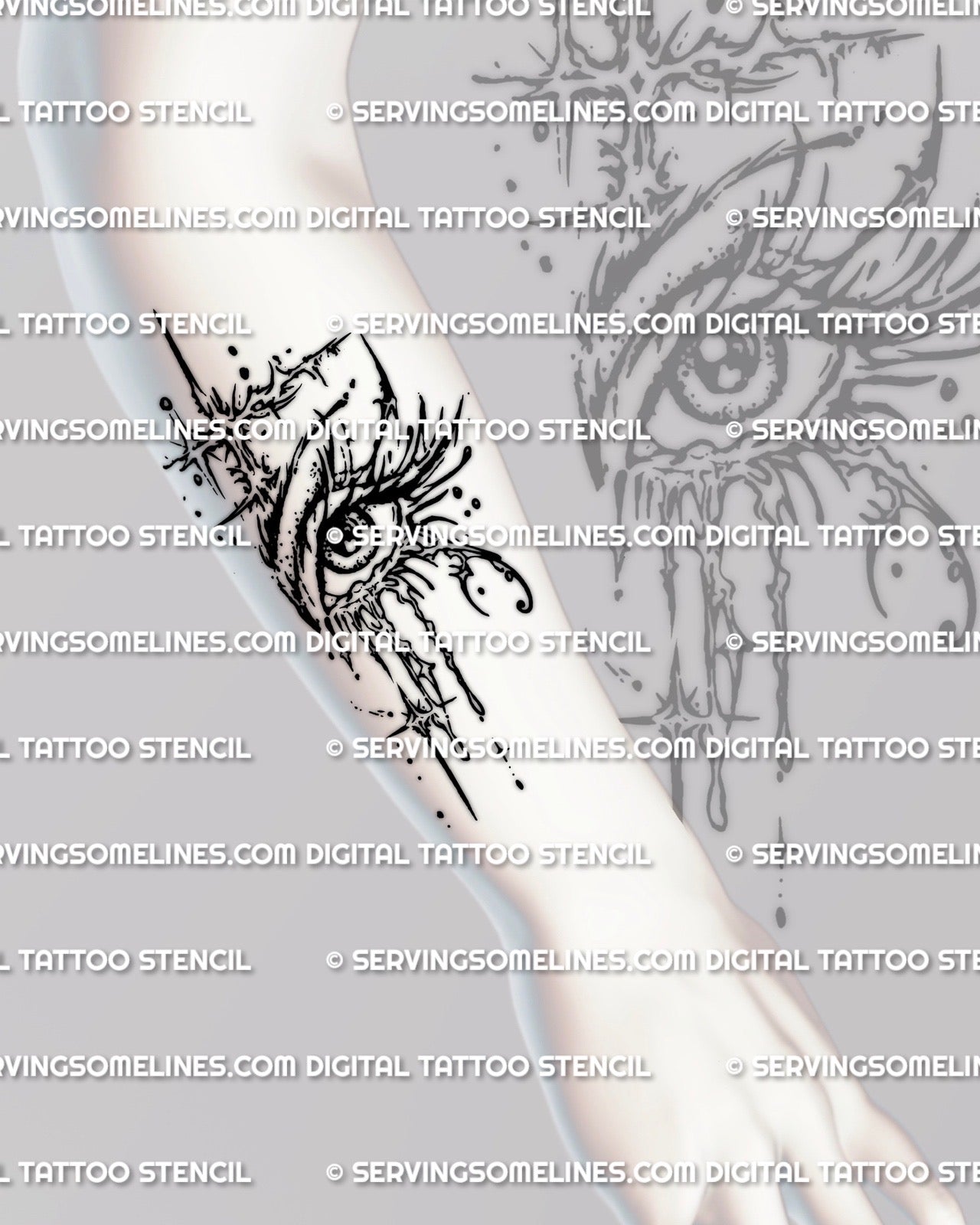 Crying eye tattoo stencil shown on forearm placement preview, dripping eye design download for clean stencil transfer.