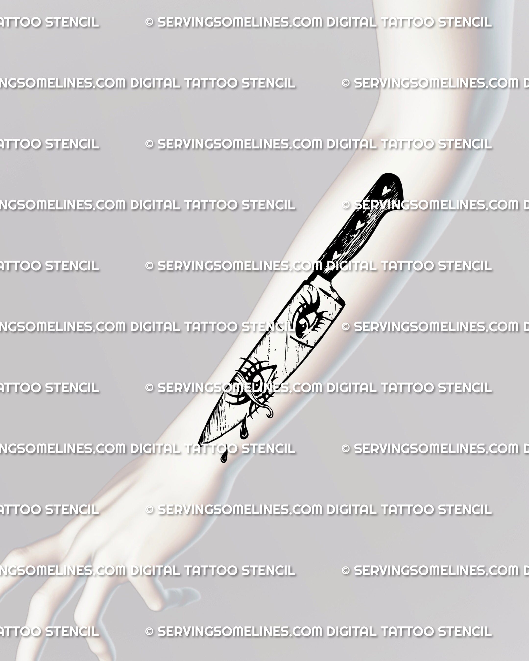 Crying eyes dagger tattoo design on forearm, gothic knife flash with dark feminine energy and clean digital stencil lines.