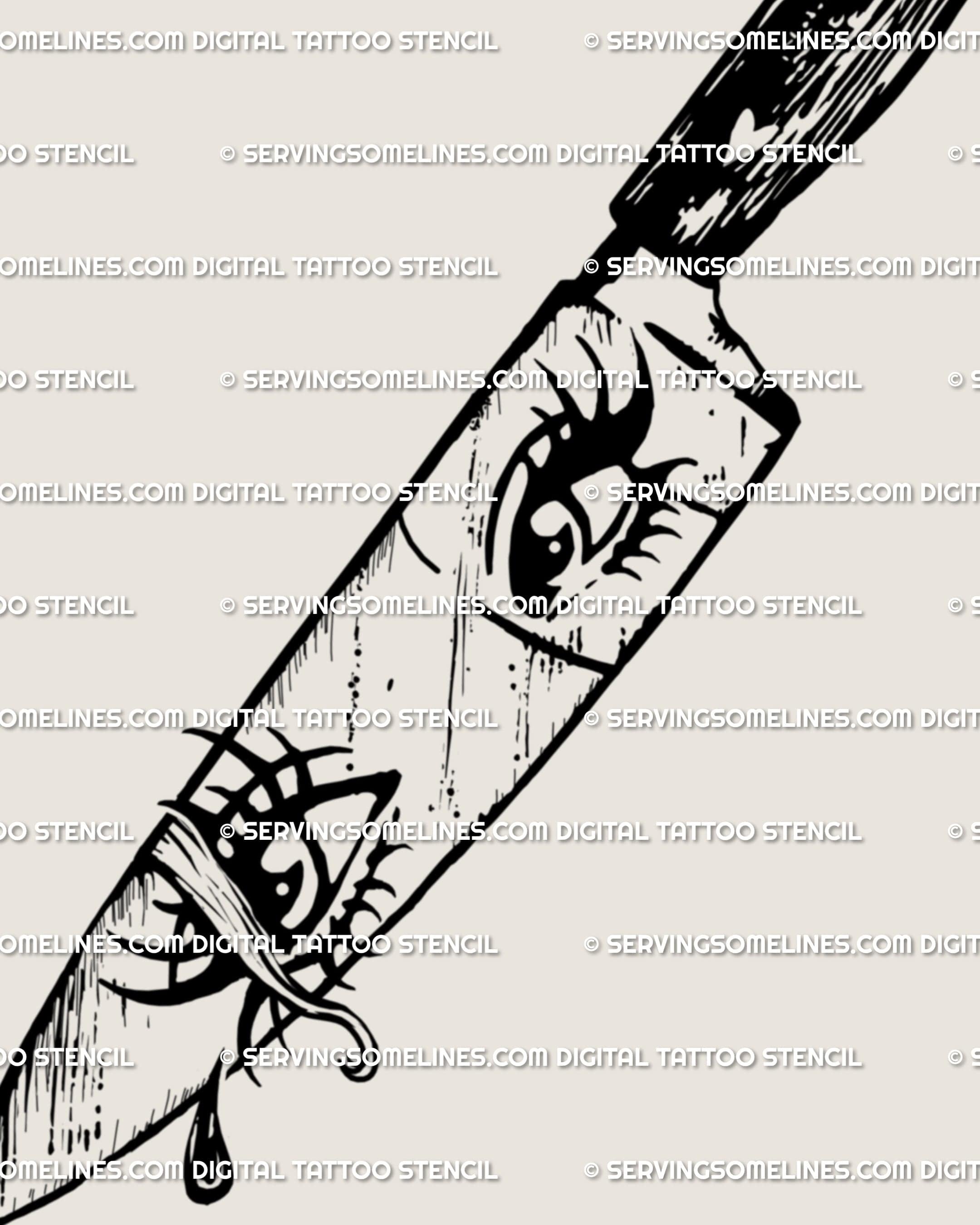 Close-up of crying girl eyes tattoo flash inside knife reflection, gothic dagger art with emotion and clean horrorcore style.