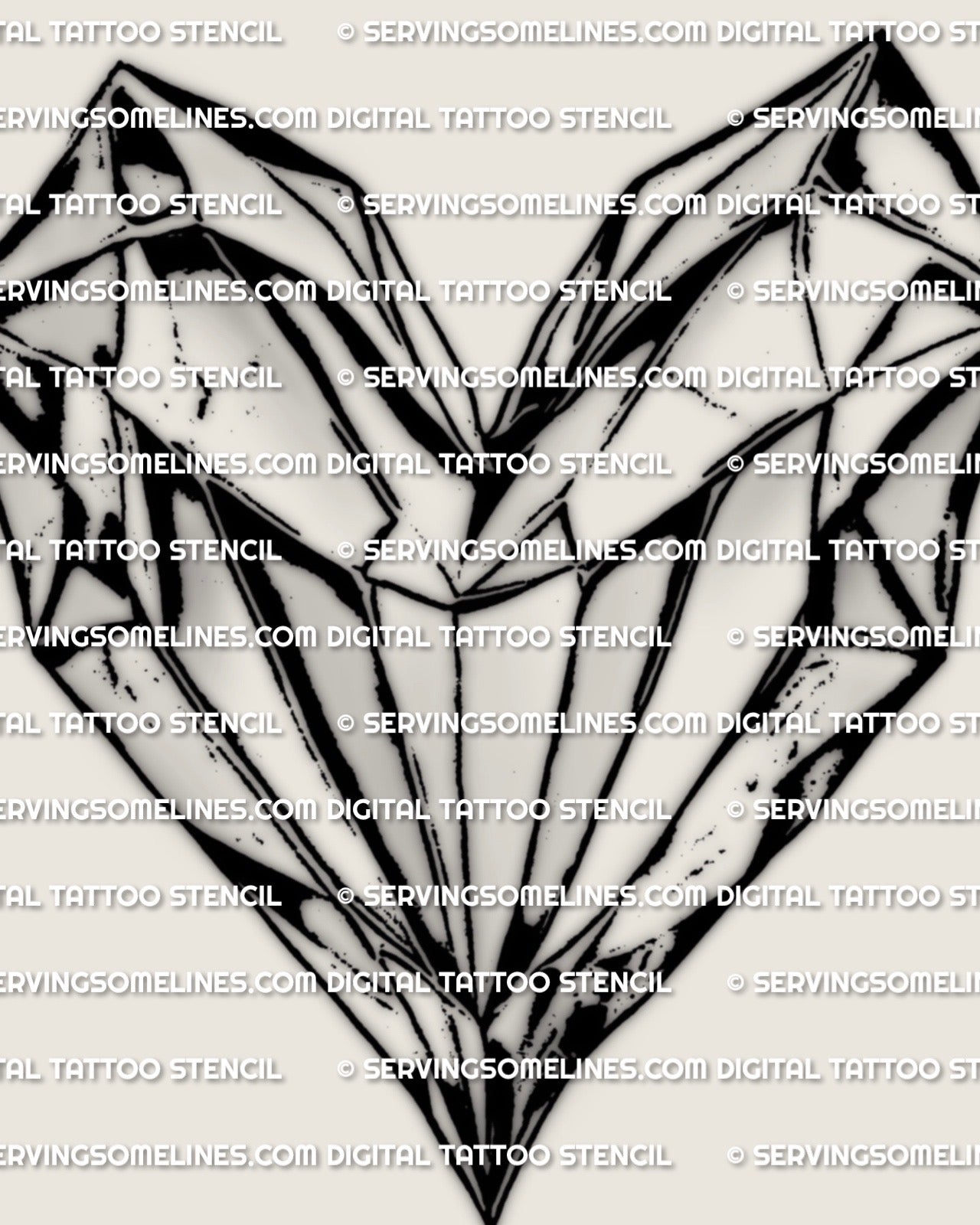 Crystal heart tattoo stencil, geometric heart gem silhouette with clean edges and negative space, ready for stencil transfer.