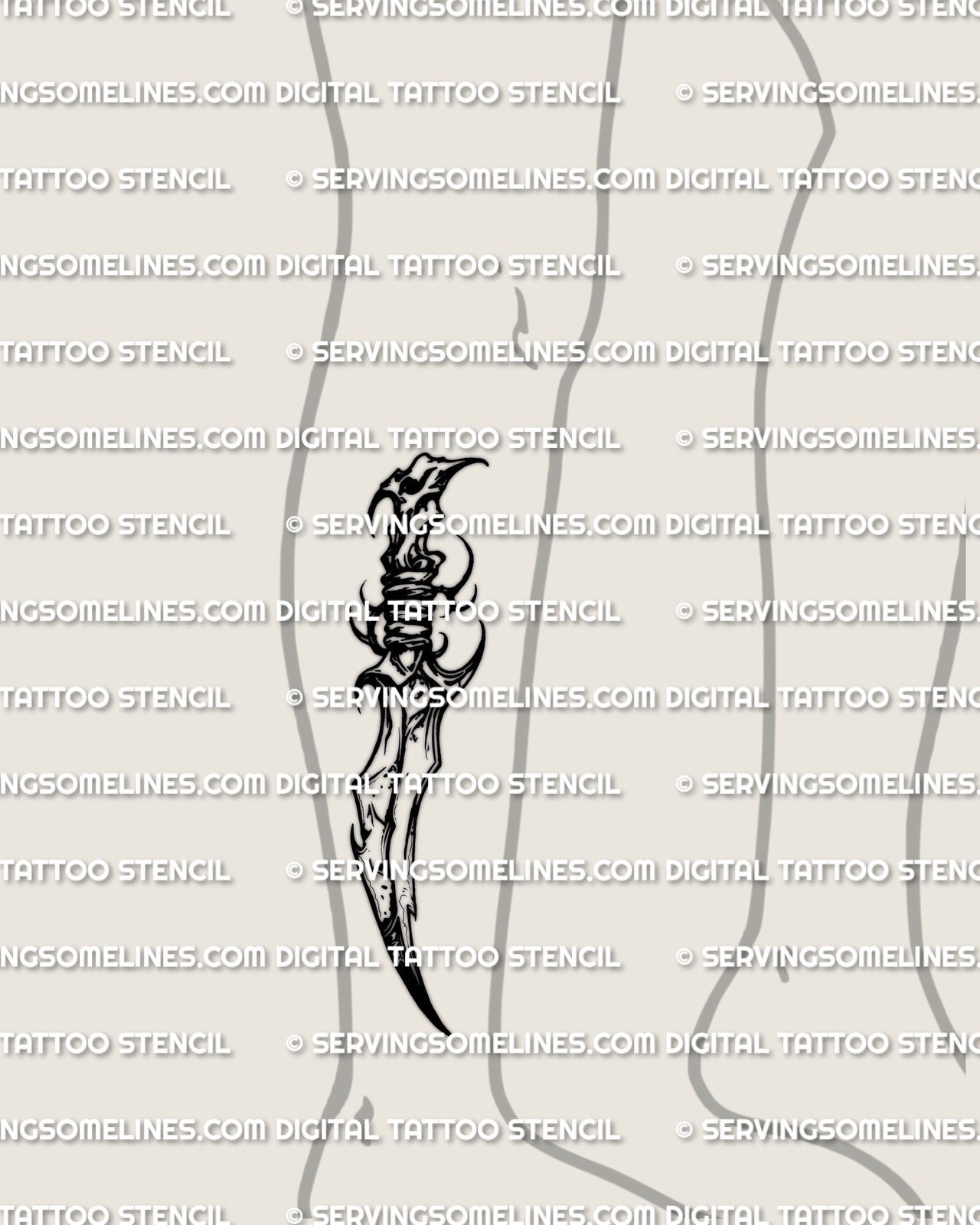 Curved dagger tattoo stencil shown on calf placement example, long curved blade reads clean from a distance, PNG PDF download