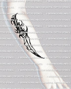 Curved dagger tattoo stencil shown on forearm placement example, scaled for a clean vertical fit, tattoo stencil download