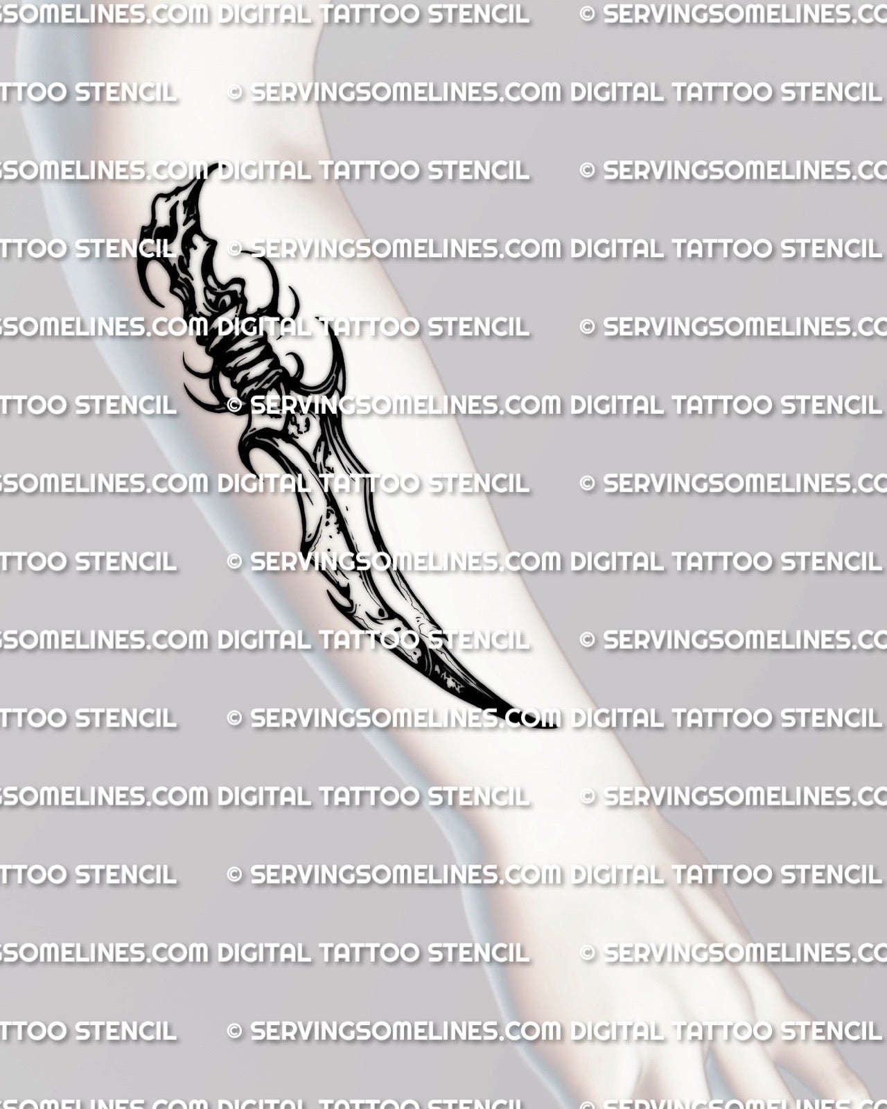 Curved dagger tattoo stencil shown on forearm placement example, scaled for a clean vertical fit, tattoo stencil download