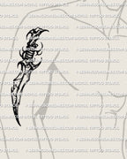 Curved dagger tattoo stencil shown on mens bicep placement example, bold curved blade silhouette, printable stencil download