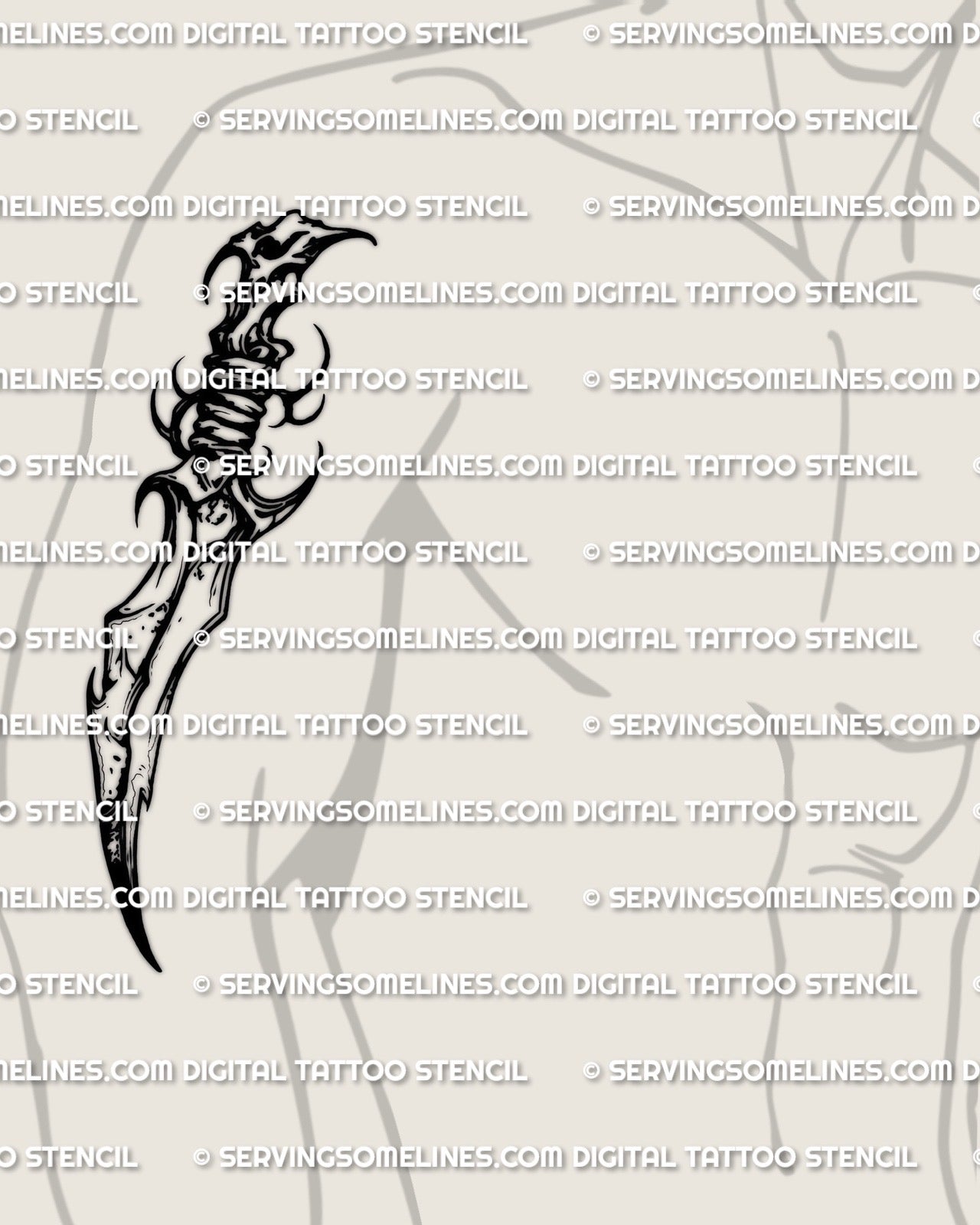 Curved dagger tattoo stencil shown on mens bicep placement example, bold curved blade silhouette, printable stencil download