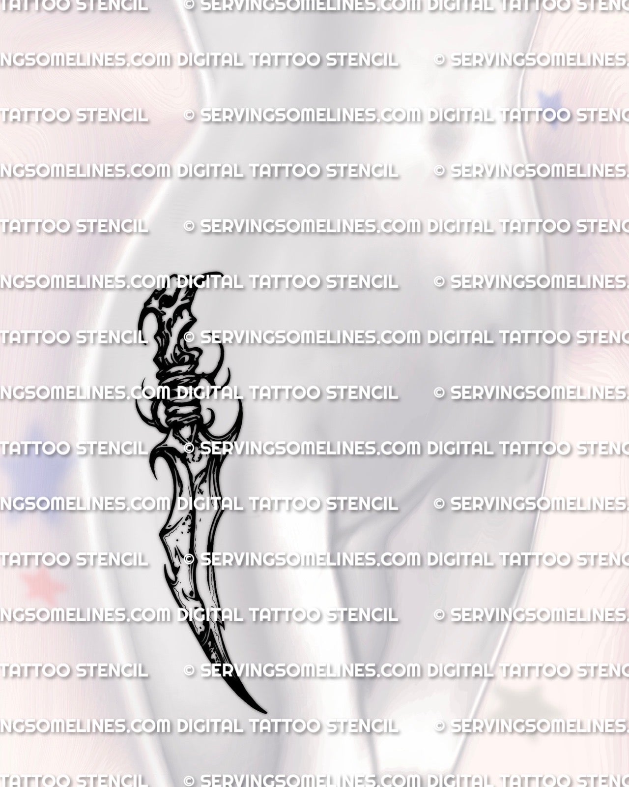 Curved dagger tattoo stencil shown on womens hip placement example, curved blade follows the body line, printable stencil file