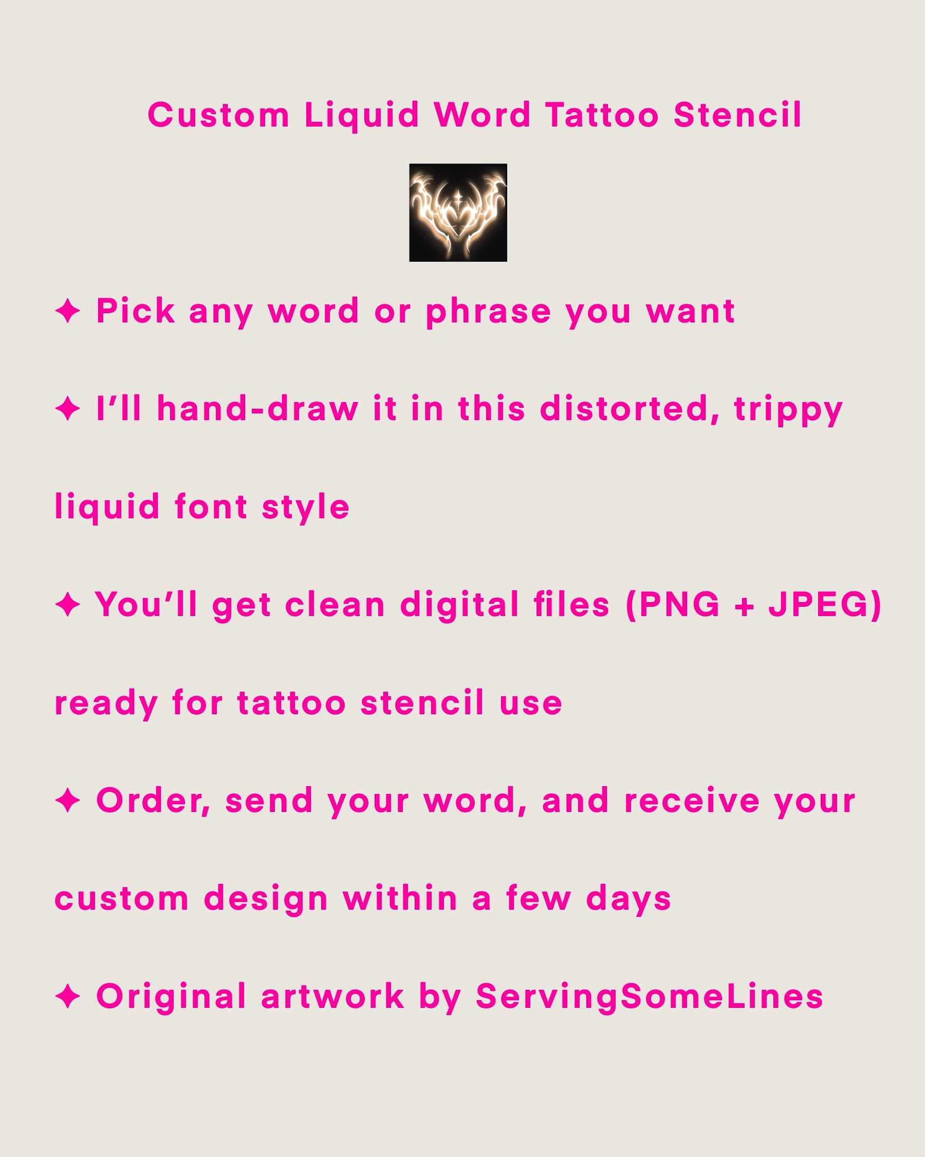 Example display showing step-by-step custom word tattoo process, where any name or phrase can be hand-drawn into a liquid gothic stencil design.