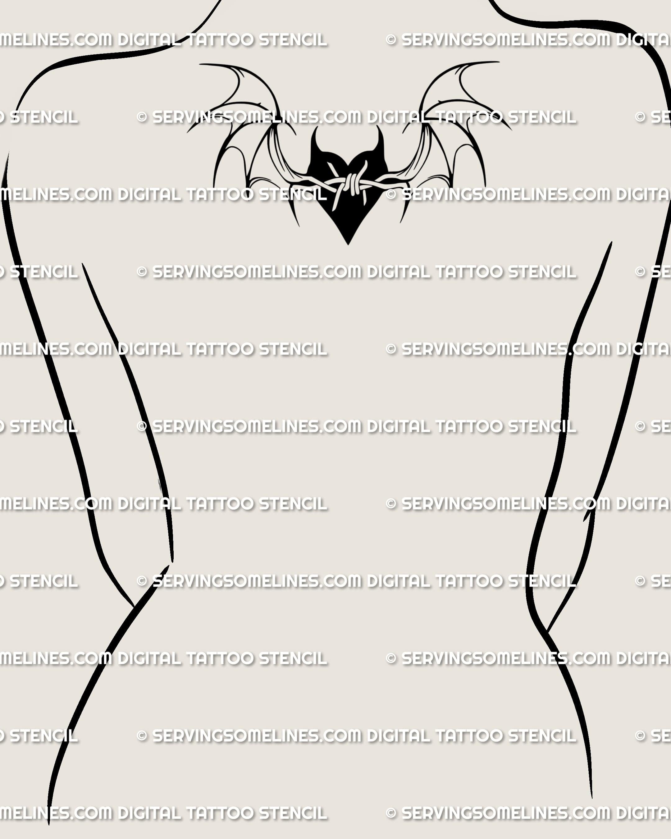 Small cute bat wings heart tattoo on upper back near neck, gothic spooky cute heart outline with Y2K wing style. 